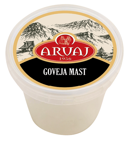 Container of Arvaj Goveja Mast with a mountainous landscape label on a white background